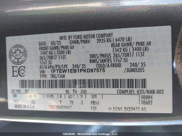 12624049 :رقم المزاد ، 1FTEW1EB1PKD97575 vin ، 2023 Ford F-150 Xlt مزاد بيع