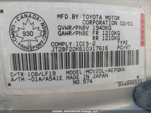12624050 :رقم المزاد ، JT2BF22K610317616 vin ، 2001 Toyota Camry Ce V6/xle V6 مزاد بيع