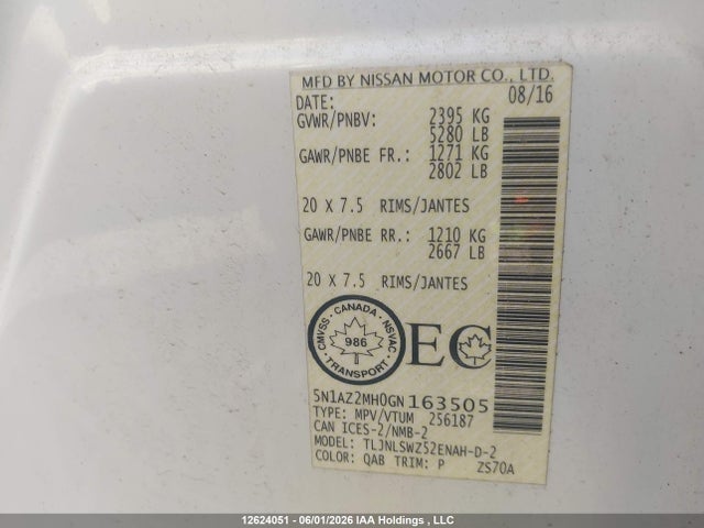 5N1AZ2MH0GN163505 Nissan Murano Platinum/sl/sv