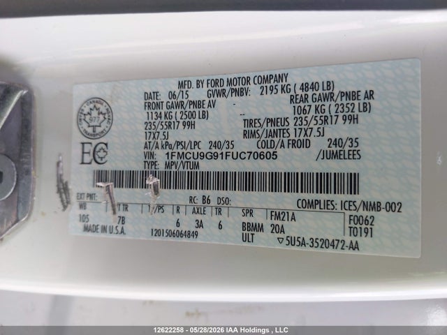 Продажа на аукционе авто 2015 Ford Escape Se, vin: 1FMCU9G91FUC70605, номер лота: 12622258
