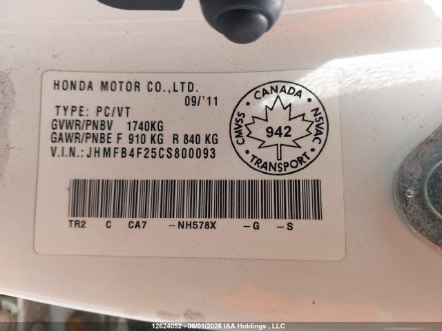 12624052 :رقم المزاد ، JHMFB4F25CS800093 vin ، 2012 Honda Civic Hybrid مزاد بيع