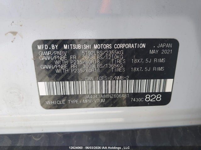 Продаж на аукціоні авто 2022 Mitsubishi Outlander Es, vin: JA4J4TA88NZ606481, номер лоту: 12624060