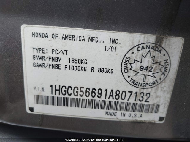 Продаж на аукціоні авто 2001 Honda Accord Ex, vin: 1HGCG56691A807132, номер лоту: 12624061