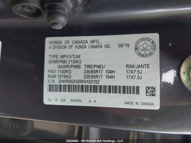 Продаж на аукціоні авто 2019 Honda Cr-v Lx, vin: 2HKRW2H20KH153152, номер лоту: 12624063