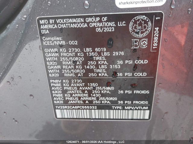 2023 Volkswagen Atlas 3.6 Fsi Highline მანქანა იყიდება აუქციონზე, vin: 1V2SR2CA6PC555332, აუქციონის ნომერი: 12624071