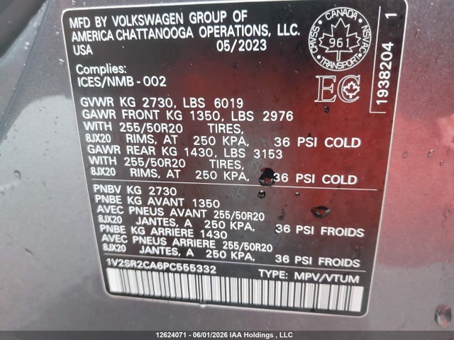 2023 Volkswagen Atlas 3.6 Fsi Highline მანქანა იყიდება აუქციონზე, vin: 1V2SR2CA6PC555332, აუქციონის ნომერი: 12624071