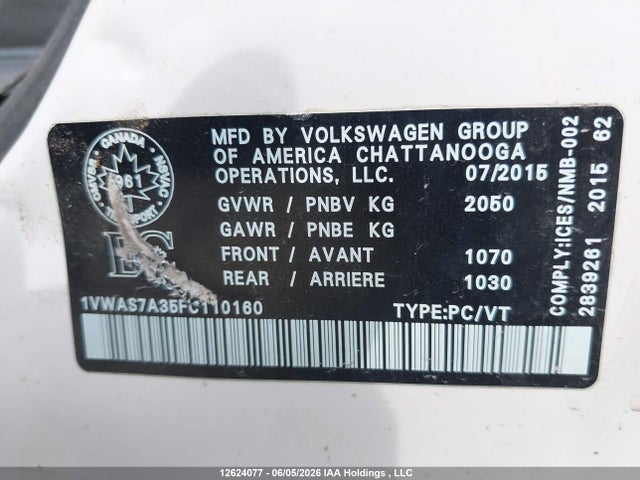 Aukcja sprzedaży 2015 Volkswagen Passat S, vin: 1VWAS7A35FC110160, numer aukcji: 12624077