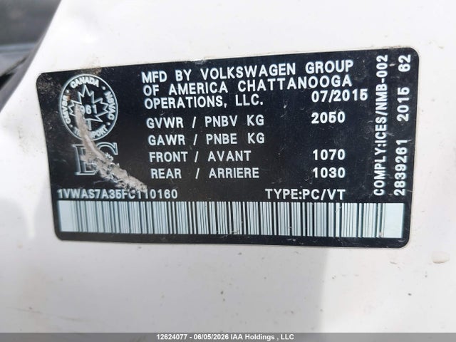 Aukcja sprzedaży 2015 Volkswagen Passat S, vin: 1VWAS7A35FC110160, numer aukcji: 12624077