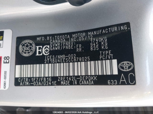 Aukcja sprzedaży 2012 Toyota Corolla S/le, vin: 2T1BU4EE5CC878025, numer aukcji: 12624083