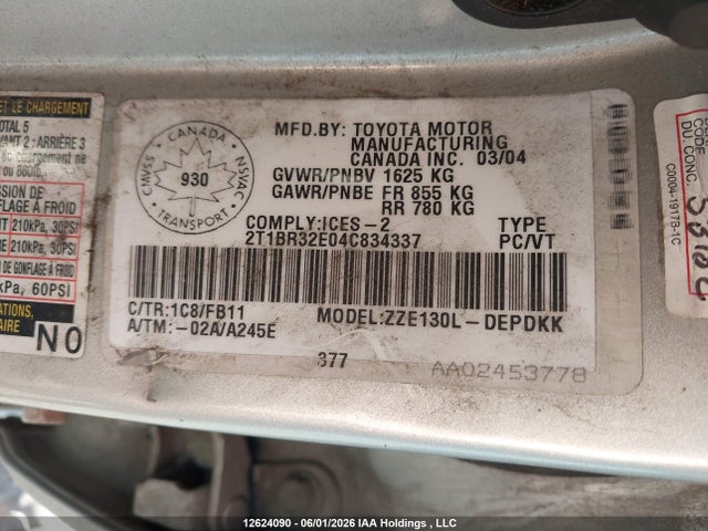 12624090 :رقم المزاد ، 2T1BR32E04C834337 vin ، 2004 Toyota Corolla مزاد بيع