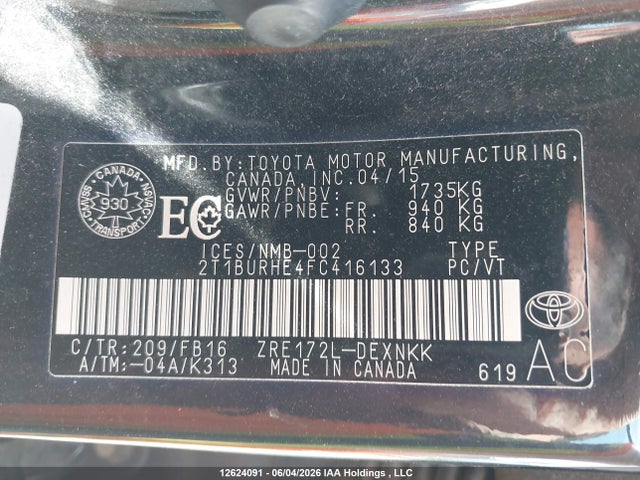 Продаж на аукціоні авто 2015 Toyota Corolla L/le/le Pls/prm/s/s Pls, vin: 2T1BURHE4FC416133, номер лоту: 12624091