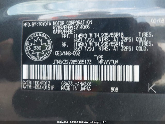 2008 Toyota Rav4 Sport V6 მანქანა იყიდება აუქციონზე, vin: JTMBK32V285055173, აუქციონის ნომერი: 12624104