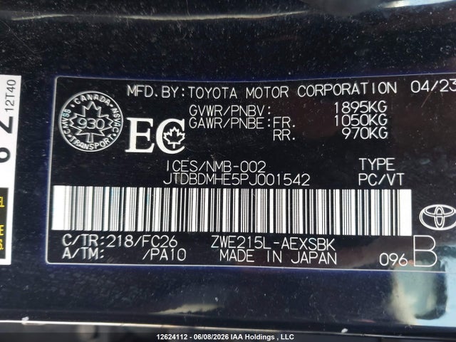 12624112 :رقم المزاد ، JTDBDMHE5PJ001542 vin ، 2023 Toyota Corolla Hybrid Se مزاد بيع
