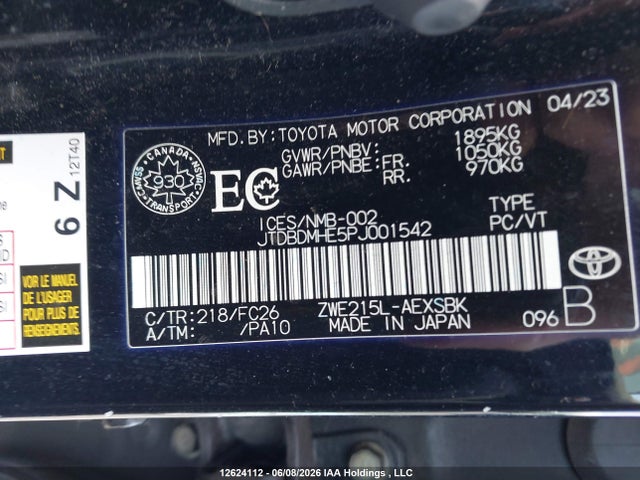12624112 :رقم المزاد ، JTDBDMHE5PJ001542 vin ، 2023 Toyota Corolla Hybrid Se مزاد بيع
