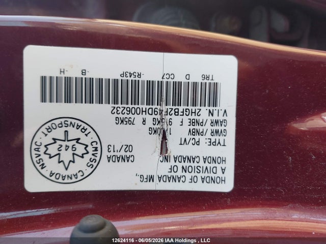 2013 Honda Civic Lx მანქანა იყიდება აუქციონზე, vin: 2HGFB2F49DH006232, აუქციონის ნომერი: 12624116