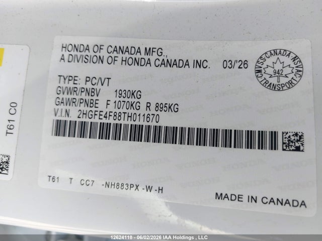 2026 Honda Civic Hybrid მანქანა იყიდება აუქციონზე, vin: 2HGFE4F88TH011670, აუქციონის ნომერი: 12624118