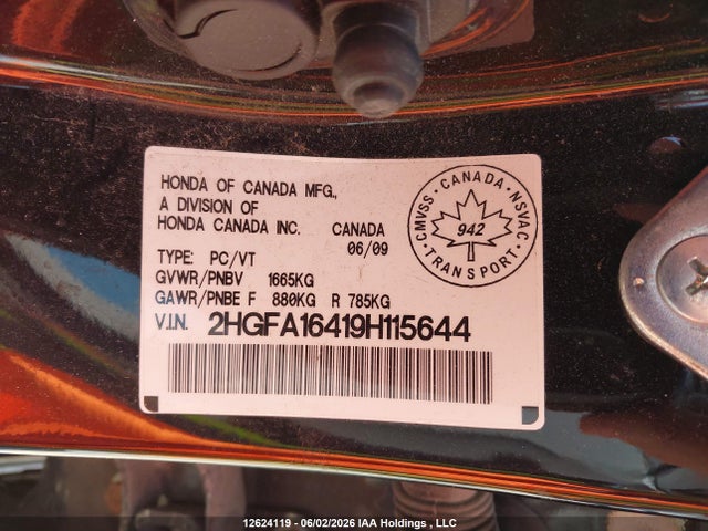 12624119 :رقم المزاد ، 2HGFA16419H115644 vin ، 2009 Honda Civic Dx-g مزاد بيع