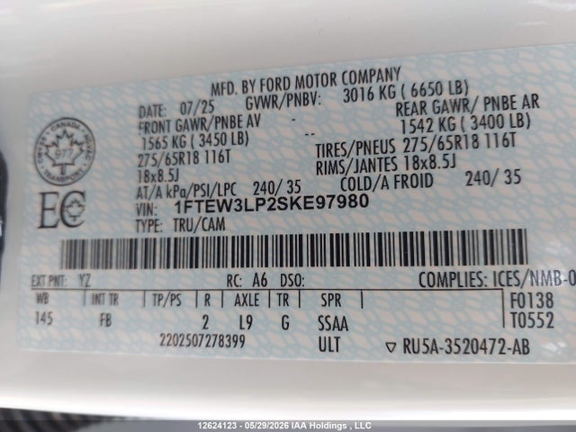 12624123 :رقم المزاد ، 1FTEW3LP2SKE97980 vin ، 2025 Ford F150 Xlt مزاد بيع