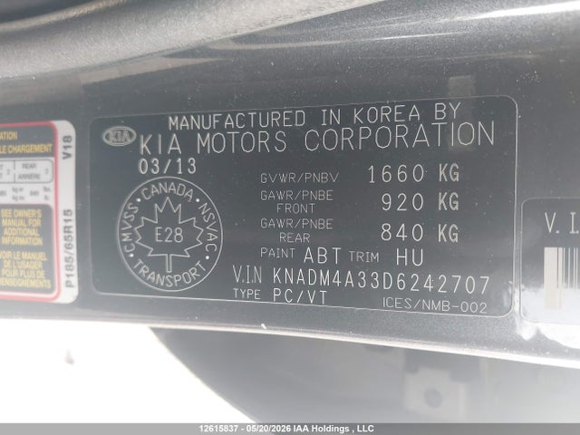 12615837 :رقم المزاد ، KNADM4A33D6242707 vin ، 2013 Kia Rio Ex/lx/lx+/sx مزاد بيع