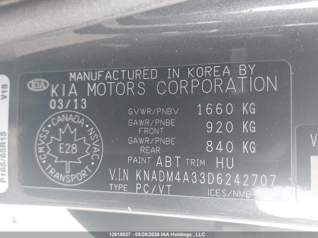 12615837 :رقم المزاد ، KNADM4A33D6242707 vin ، 2013 Kia Rio Ex/lx/lx+/sx مزاد بيع