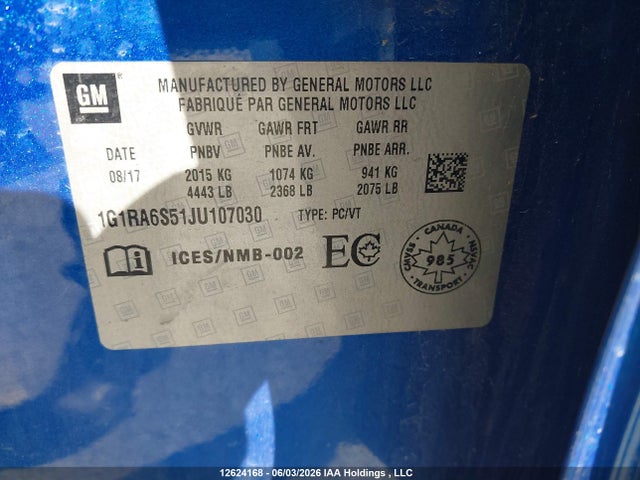 Продаж на аукціоні авто 2018 Chevrolet Volt Lt, vin: 1G1RA6S51JU107030, номер лоту: 12624168