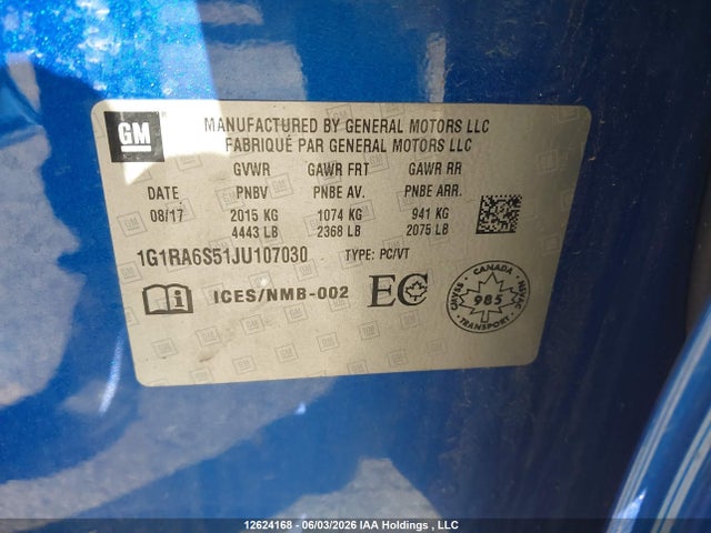 Продаж на аукціоні авто 2018 Chevrolet Volt Lt, vin: 1G1RA6S51JU107030, номер лоту: 12624168