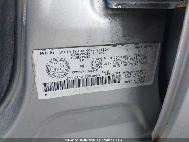 Aukcja sprzedaży 2004 Toyota Rav4, vin: JTEHD20V040020006, numer aukcji: 12624172