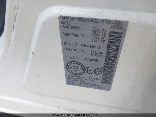 12624176 :رقم المزاد ، 5N1AL0MM1EC542184 vin ، 2014 Infiniti Qx60 مزاد بيع