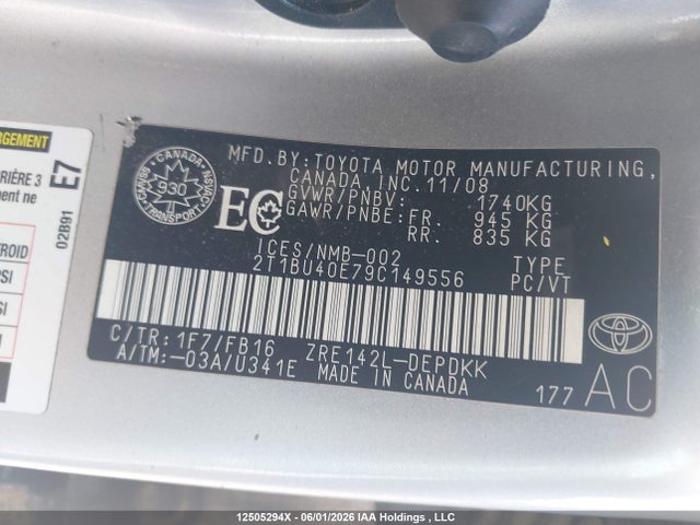 12505294 :رقم المزاد ، 2T1BU40E79C149556 vin ، 2009 Toyota Corolla Ce مزاد بيع