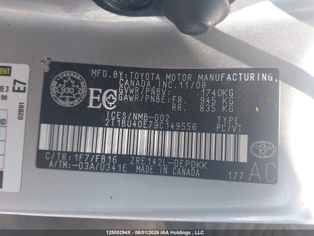 12505294 :رقم المزاد ، 2T1BU40E79C149556 vin ، 2009 Toyota Corolla Ce مزاد بيع