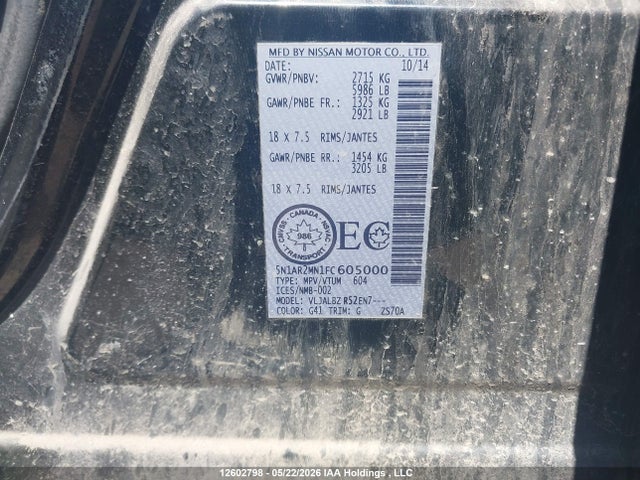 12602798 :رقم المزاد ، 5N1AR2MN1FC605000 vin ، 2015 Nissan Pathfinder S مزاد بيع