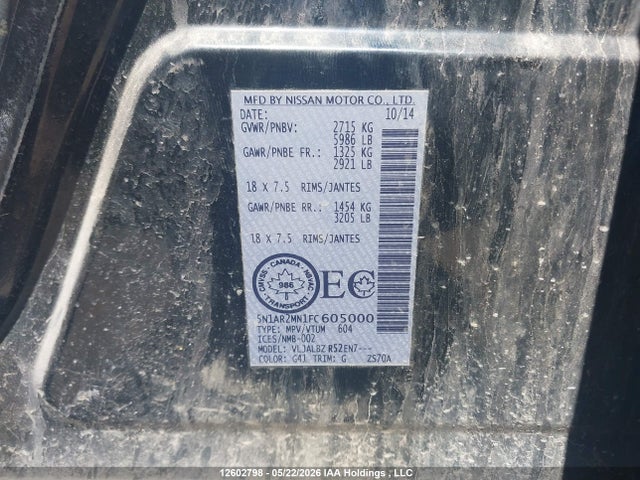 12602798 :رقم المزاد ، 5N1AR2MN1FC605000 vin ، 2015 Nissan Pathfinder S مزاد بيع