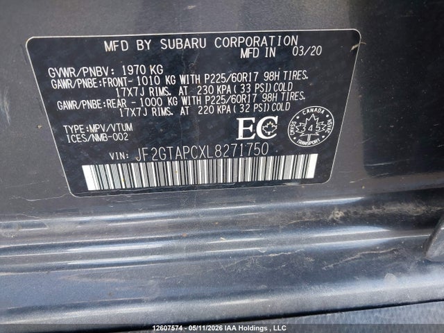 12607574 :رقم المزاد ، JF2GTAPCXL8271750 vin ، 2020 Subaru Crosstrek Convenience/touring مزاد بيع