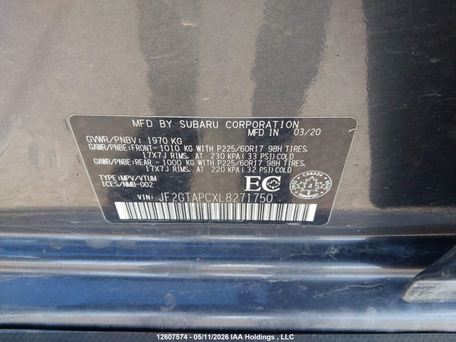 12607574 :رقم المزاد ، JF2GTAPCXL8271750 vin ، 2020 Subaru Crosstrek Convenience/touring مزاد بيع