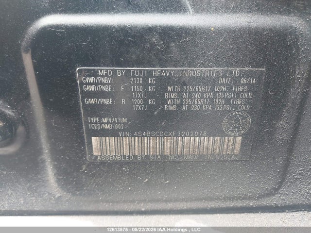 Продаж на аукціоні авто 2015 Subaru Outback 2.5i Touring Package, vin: 4S4BSCDCXF3202078, номер лоту: 12613575