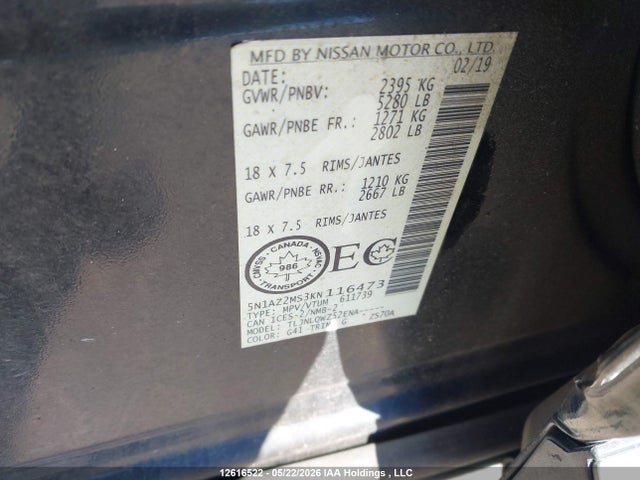 Aukcja sprzedaży 2019 Nissan Murano Platinum/sl/sv, vin: 5N1AZ2MS3KN116473, numer aukcji: 12616522