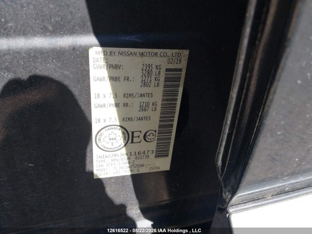 Aukcja sprzedaży 2019 Nissan Murano Platinum/sl/sv, vin: 5N1AZ2MS3KN116473, numer aukcji: 12616522