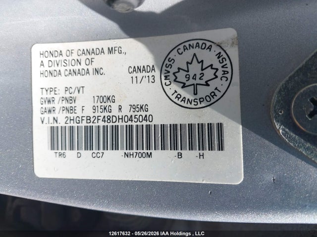 12617632 :رقم المزاد ، 2HGFB2F48DH045040 vin ، 2013 Honda Civic Lx مزاد بيع