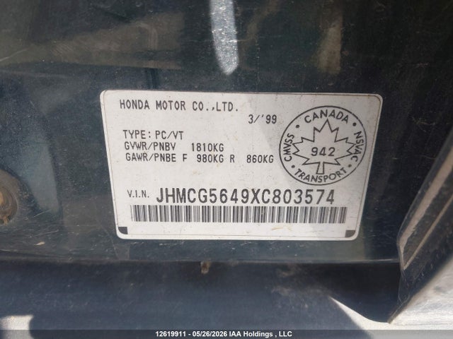 12619911 :رقم المزاد ، JHMCG5649XC803574 vin ، 1999 Honda Accord Lx مزاد بيع