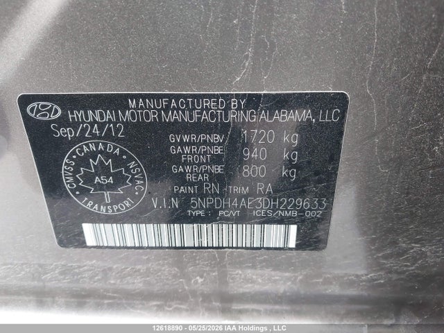 2013 Hyundai Elantra Gl მანქანა იყიდება აუქციონზე, vin: 5NPDH4AE3DH229633, აუქციონის ნომერი: 12618890