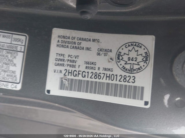 12619500 :رقم المزاد ، 2HGFG12867H012823 vin ، 2007 Honda Civic Ex مزاد بيع