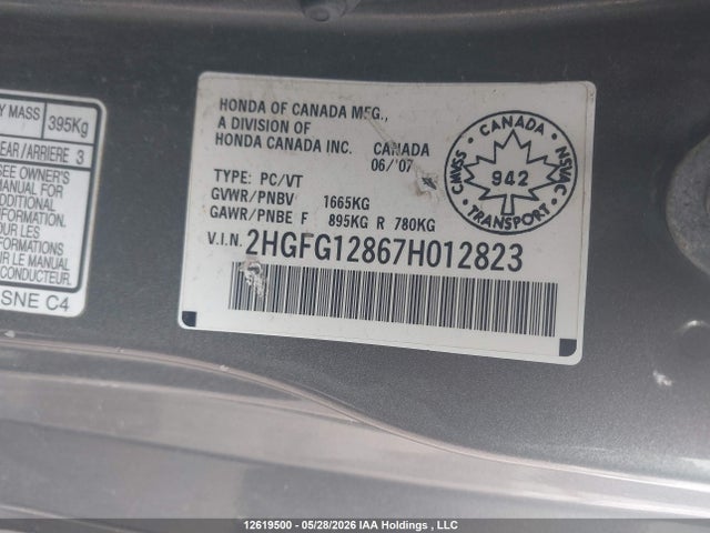 12619500 :رقم المزاد ، 2HGFG12867H012823 vin ، 2007 Honda Civic Ex مزاد بيع