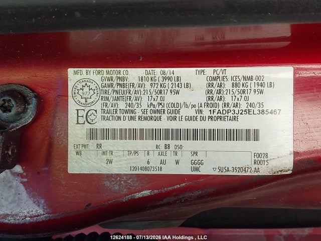 12624188 :رقم المزاد ، 1FADP3J25EL385467 vin ، 2014 Ford Focus Titanium مزاد بيع