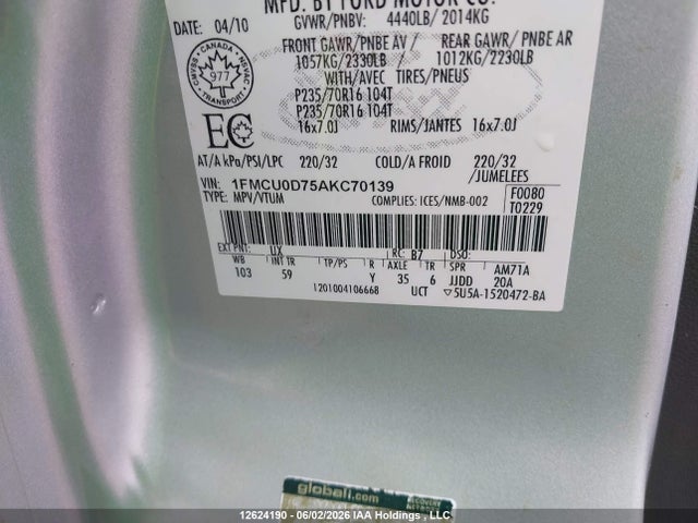 2010 Ford Escape Xlt Automatic/xlt Manual მანქანა იყიდება აუქციონზე, vin: 1FMCU0D75AKC70139, აუქციონის ნომერი: 12624190