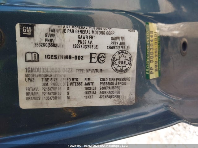 12624192 :رقم المزاد ، 1GMDU03L35D283422 vin ، 2005 Pontiac Montana Sv6 Sv6 مزاد بيع