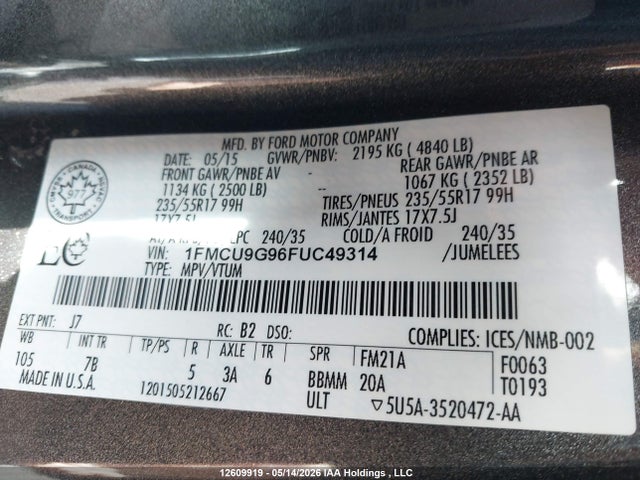 Aukcja sprzedaży 2015 Ford Escape Se, vin: 1FMCU9G96FUC49314, numer aukcji: 12609919