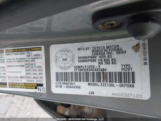Продажа на аукционе авто 2004 Toyota Corolla Ce/le/sport, vin: 2T1BR32E04C802486, номер лота: 12624200