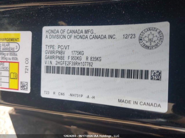 12624203 :رقم المزاد ، 2HGFE2F39RH107762 vin ، 2024 Honda Civic Ex 4dr مزاد بيع