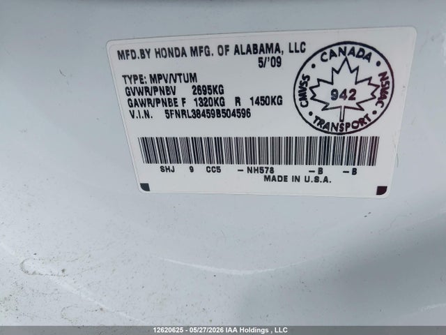 Aukcja sprzedaży 2009 Honda Odyssey Ex, vin: 5FNRL38459B504596, numer aukcji: 12620625