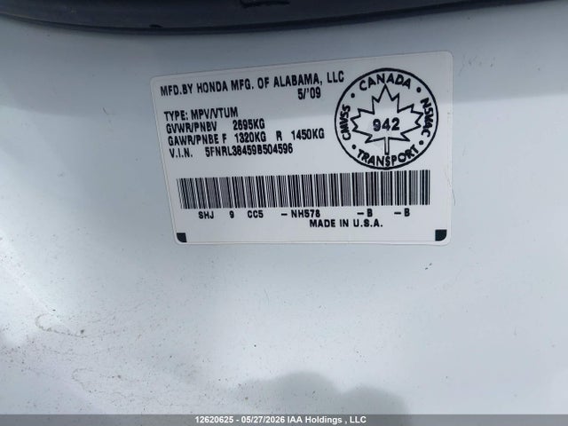 Aukcja sprzedaży 2009 Honda Odyssey Ex, vin: 5FNRL38459B504596, numer aukcji: 12620625